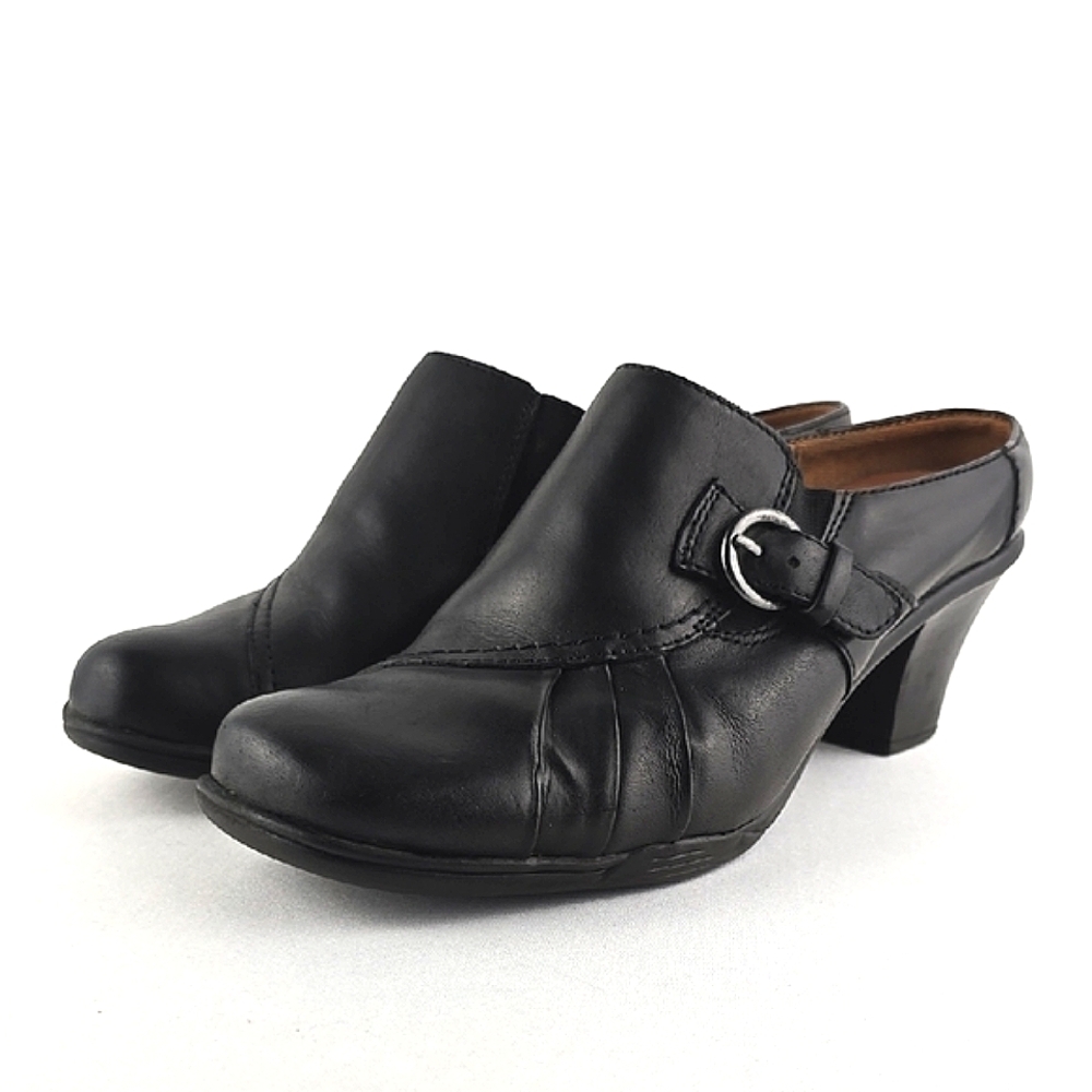 Earth Spirit Women's Emily Black Leather Heeled Mules Pleat Buckle Design 6